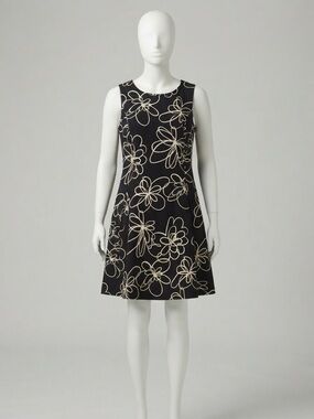 DKNY Black Midi Dress with Cream Floral Sketch